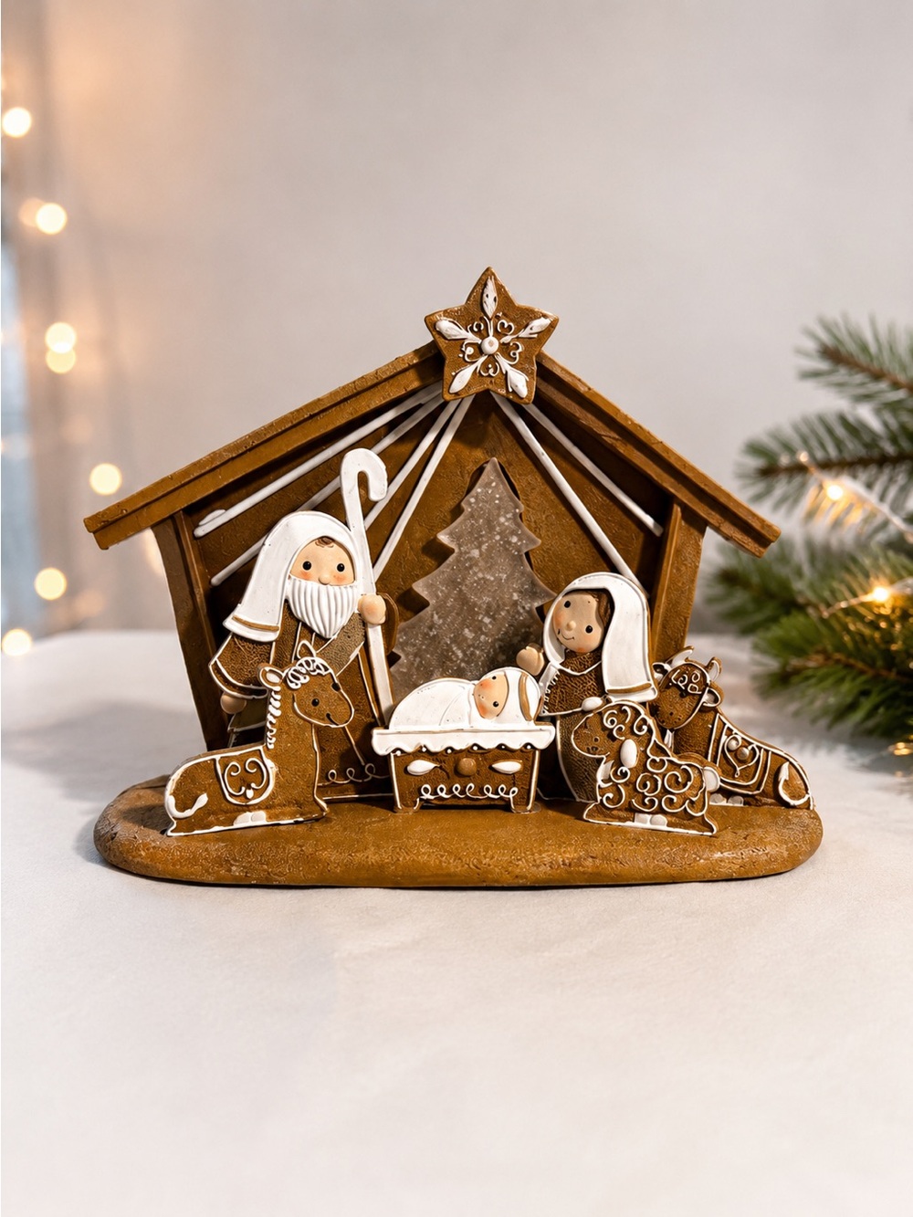 Hand-Painted Brown Nativity Tabletop Scene with White Accents